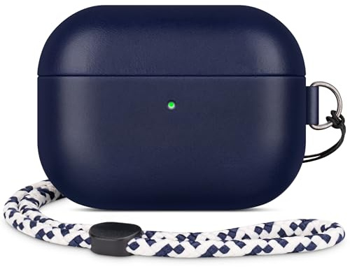 Rixeny Echt Leder Hülle für Apple AirPods Pro 2/1 Schutzhülle, Blau | Elegant-Stil Echt LederHülle case, mit Handschlaufe, Dunkelt mit Patina, Kompatibel mit MagSafe, Einfach tragbar