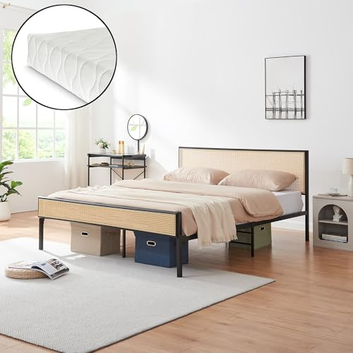 [en.casa] Bett Linköping mit Matratze 160 x 200 cm Bettgestell und Lattenrost Metallbett mit rechteckigem Kopfteil Doppelbett max. 300 kg Schwarz mit Rattanoptik