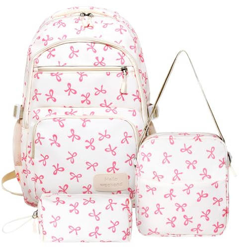 MEGETGOD Aesthetic School Bag for Girls - 3 Pcs Backpack Set with Lunchbox & Pencil Case, Cute Preppy Rucksack for Teen, Primary Secondary Middle School (Pink)