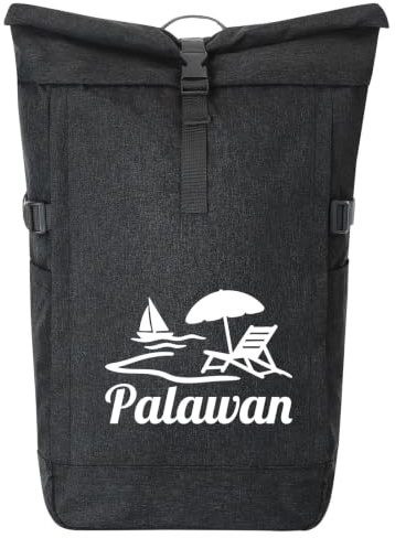 Huuraa Kurierrucksack Palawan Inselmotiv Philippinen Geschenk | 30-44 Liter Backpack Black Melange Fairtrade Rolltop Rucksack Geschenkidee Schwarzer Laptop-Rucksack passend für 17-Zoll