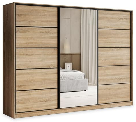 Masseno Schwebetürenschrank PINA 250/205/58 cm Kleiderschrank mit 4 Schubladen Schlafzimmer Schiebetürenschrank 3-türig mit Spiegel Sonoma Eiche