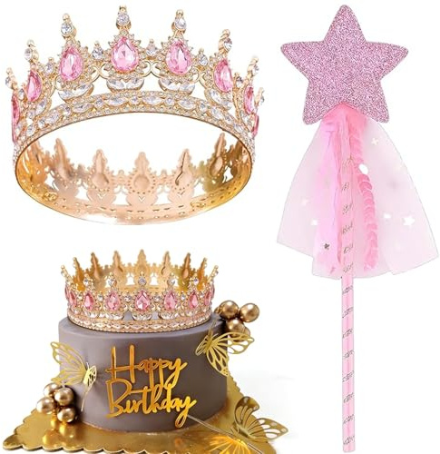 Dilightnews Diadème et baguette magique, Couronnes de princesse pour fille, Tiare de Cristal pour Filles, Diadème Rond pour Fille, pour anniversaire, mariage, fête costumée