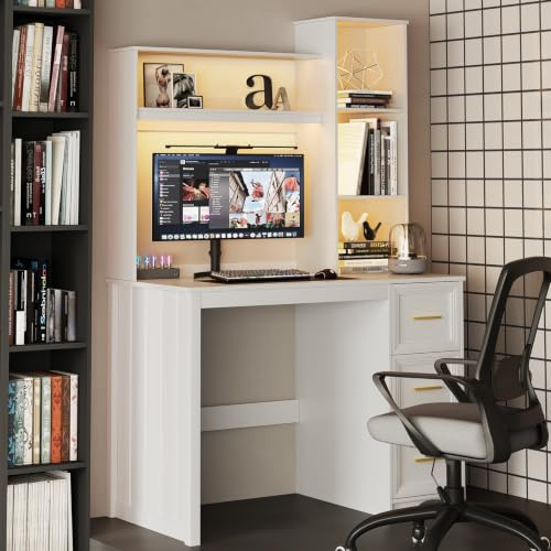 Gurexl 66″ Office Desk with 2 Power Outlet and 5-Tier Shelf for Study,White | Study Table with 3 Drawers and USB Ports for Living Room,Home Workstation with 2 Power Outlet and LED for Bedroom