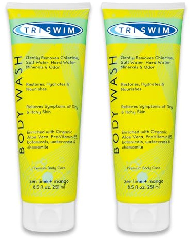 TRISWIM Chlorine Removal After Swim Body Wash, 251 ml (Pack of 2) | Removes Chlorine, Salt, and Hard Water Minerals | Hydrates Swimmer's Skin | With Aloe and Botanicals | Lime&Mango