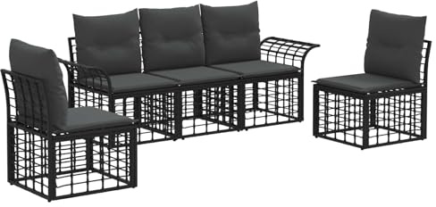 vidaXL Outdoor-Sofagarnitur 5 pcs Schwarz und Dunkelgrau Polyester, Modernes, wetterfestes, modulares Sofa-Set mit verstellbaren Füßen, für Bequeme und stilvolle Terrassenzeit