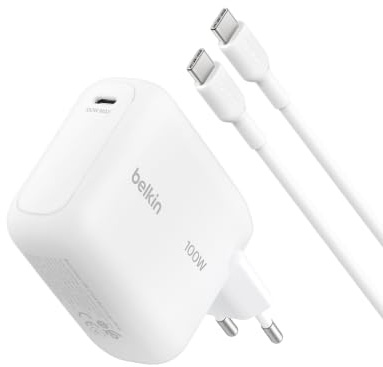 Belkin BoostCharge USB C Ladegerät, 100W GaN Schnellladegerät für iPhone 17, Samsung Galaxy S26, Pixel 10, AirPods, Tablet, MacBook – USB Netzteil mit 1,5-m-USB-C-Kabel, Reisezubehör – Weiß
