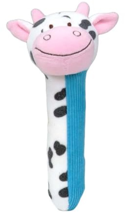 Fiesta Crafts Cow Baby Sensory Rattle, Squeakaboo Squeaker Toy | Squeakaboo Squeaker Rattle, Soft Plush & Corduroy, Fun, Interactive & Colourful Sensory Toy for Newborn Babies