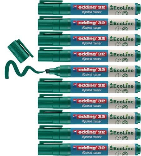 edding 32 EcoLine Flipchartmarker - grün - 10 Stifte - Keilspitze 1-5 mm - zum Schreiben, Zeichnen auf Flipcharts - Tinte schlägt nicht durch Papier - trocknet nicht aus - nachfüllbar
