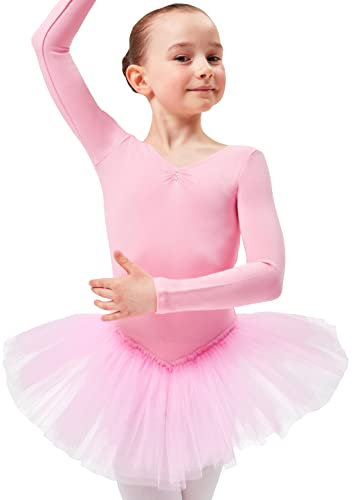 tanzmuster Kinder Ballett Tutu Romy - Langarm Ballettbody mit Tuturock und Glitzersteinen in rosa, Größe:128/134