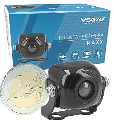 VSG24 23141 – Mini Rückfahrkamera, Kleine Kamera inkl. Verlängerungskabel, Distanzlinien-Anzeige, Flexible Ausrichtung, 170° Winkel, 12V, IP67 - Schwarz