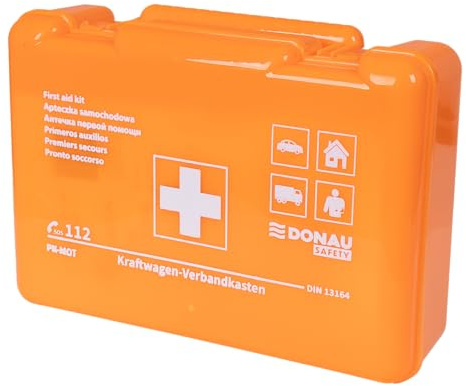 DONAU SAFETY Motorrad Verbandskasten nach aktueller Norm 2025 BD DIN 13164/ Orange/Erste-Hilfe-Verbandtasche/In einer Kunststoffbox