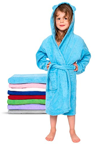 Twinzen - Kinderbademantel Mädchen oder Junge - 100% Baumwolle Ohne Chemikalien OEKO-TEX® - 2 Taschen, Gürtel, Kapuze mit Ohren - 9-10 Jahre, Pastellblau, Size5