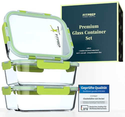 FITPREP® boîtes alimentaires en verre – Set 3 récipients avec couvercles – verre borosilicate – hermétiques & résistants – boite conservation verre – meal prep
