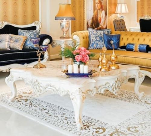 Casa Padrino Luxus Barock Couchtisch Beige/Weiß/Gold 145 x 145 x H. 45 cm - Prunkvoller Massivholz Wohnzimmertisch mit edlen Verzierungen - Barock Wohnzimmer Möbel