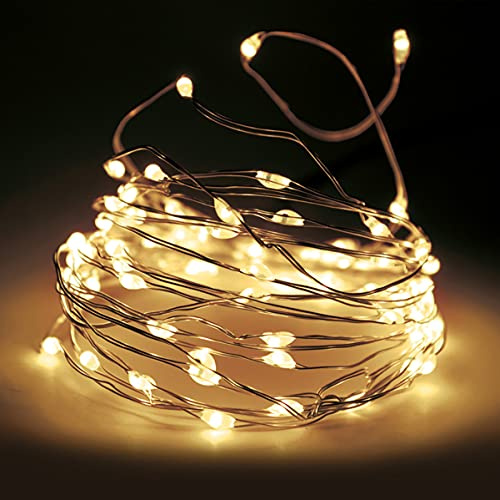 MIK funshopping LED Micro Draht-Lichterkette mit Timerfunktion, Batteriebetrieb, Vielseitige Beleuchtung, Filigran und Flexibel (100 LED, warmweiß)