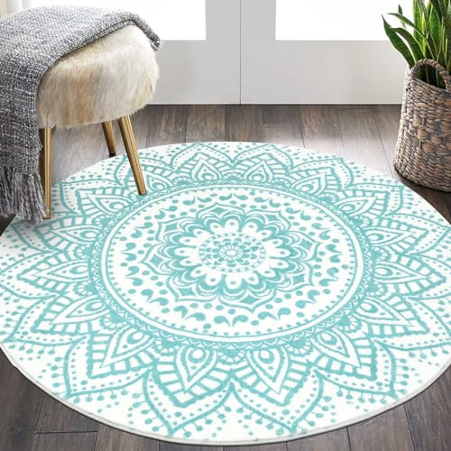 Pauwer Boho Rund Teppiche Weich Flauschiger Vorleger rutschfest Waschbar Teppich Baumwolle Bettvorleger Teppiche für Kinderzimmer, Schlafzimmer, Wohnzimmer, Größe: Ø 120cm