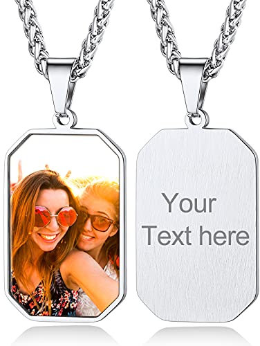 Custom4U Edelstahl Acht Schnittkanten Anhänger mit Fotogravur Benutzerdefinierte Photo Bilder Armee Kette mit Namen/Wunsch/Text Gravur Hundemarke mit Gravur Militär in Silber mit 55cm+5cm Kette
