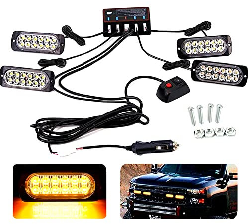 Amber Strobe Lights, 12 LEDs Emergency Caution Waterproof Warning Flashing Lights with Main Control Safety Lamp 12V Universal for Car Offroad Truck Trailer Caravan Camper Van (Yellow)