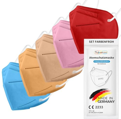 TubeRoo FFP2 Maske MHD 02.2025 Bunt Farbig Set Farbenfroh 5 Farben 5 Stück Masken aus Deutschland, Made in Germany, Atemschutzmaske, Mundschutz, Schutzmaske, Staubmaske, Feinstaubmaske