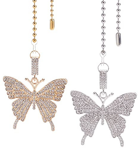 BENECREAT 2Pcs Alloy Rhinestone Butterfly Pendant Ceiling Fan Pull Chain Extenders with 304 Stainless Steel Ball Chain for Ceiling Light Lamp Fan Decorative, Platinum Light Gold