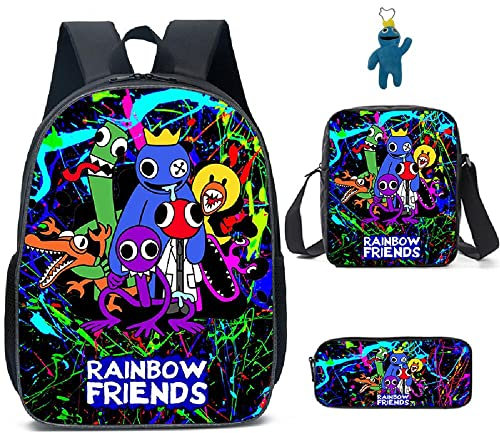 GDFENDU 3Pcs Anime Game Rainbow Backpack Set with Keychain,16in 3D Printed Friend Cartoon Lunch Bag High Capacity Schoolbag Boy and Girl Schoolbag. (C)