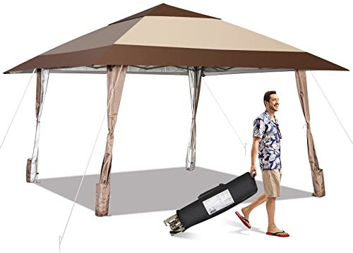 COSTWAY Carpa Plegable 3,9X3,9 Impermeable, Carpa para Exterior con Ruedas y Bolsa Portátil, Cenadores para Jardin UPF 50+, Altura Ajustable, Fácil de Montar, Café