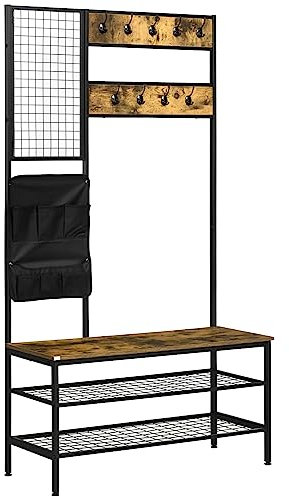 HOMCOM Garderobenständer mit Sitzbank, Kleiderständer mit Haken, Schuhregal, Garderobe mit Tragetasche, Jackenständer für Eingangsbereich, Flur, Stahl, Rustikal-Braun