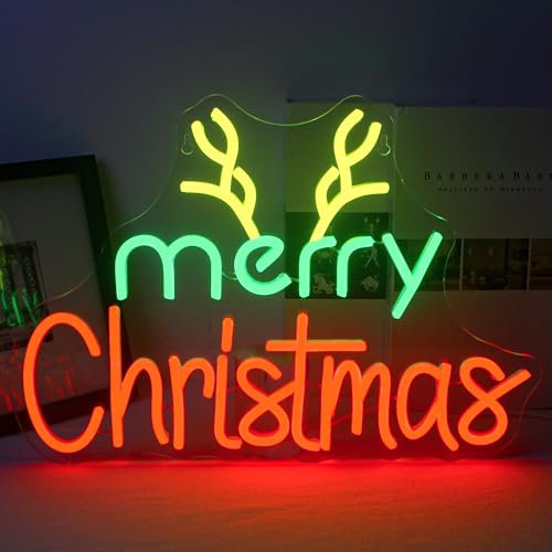 Wanxing Merry Christmas Neon Sign, Marry Xmas Led Sign with Elk Horn Neon Signs for Wall Decor, Neon Lights Signs for Christmas Party Bar Home Christmas Decor Family Kids Gifts