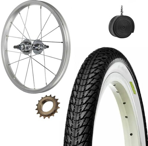 Cerchio Posteriore 16 x 1.75 + Pignone 16 Denti + Copertone BiancoNero Slick + Camera d’aria x Bici Bambino/a