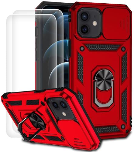 Dechyi für iPhone 12 Mini Hülle mit Panzerglas Schutzfolie Schutzhülle mit Kameraschieber Case 360° Drehbarer Militä Ständer Stoßfest Cover-Rot