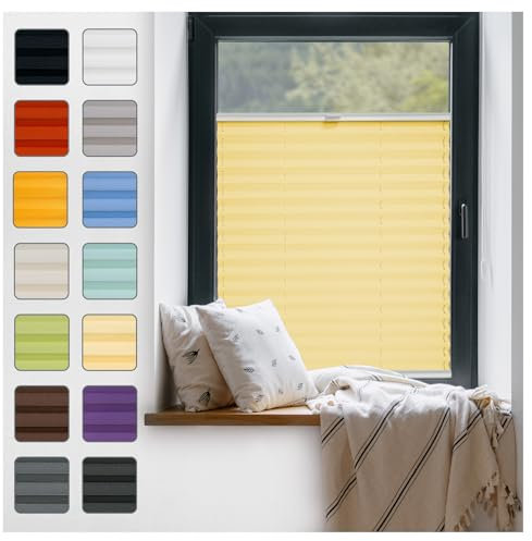 Fenster Plissee ohne Bohren zum Kleben Innenrahmen - Thermo Plisseerollo Innen - Rollo Jalousie, Halterungen auf Rahmen, Faltrollo, Sichtschutz, Blickdicht, für Fenster & Tür - Gelb, 30 x 120 cm