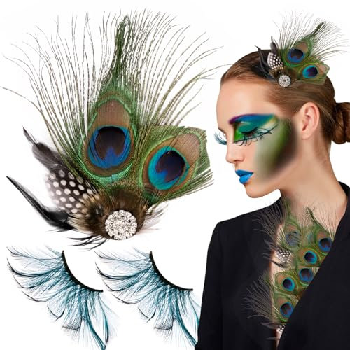 BETESSIN Pfau Kostüm Damen Falsche Wimpern Lang Pfauenfeder Haarspangen Haar Clips Künstliche Wimpern Blaugrün Frauen 20er Jahre Kostüm Karneval Fasching Gatsby Mottoparty Cosplay Stil A