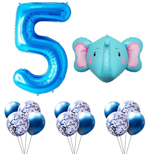 FUNFEST Set Geburtstagsdeko 5 Jahre – Ballon Elefant 60 cm + 12 Luftballons Latex blau und Glitzer – Ballon 100 cm Farbe blau – fliegt mit Helium
