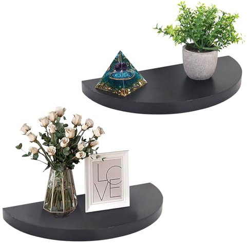 ZELURA Kleine schwebende Pflanzenregale 2er Set - Rustikales Holz Halbrunde Regale für Schlafzimmer Wohnzimmer Badezimmer Küche Büro (Schwarz)