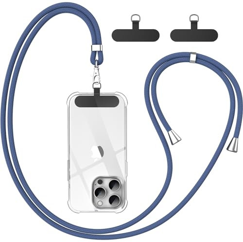 caslord Cordon Telephone Portable, avec 2 Patchs Noirs Durables, Lanière de Téléphone Portable 1,6m Adjustable, Collier Compatibles avec Tous Les Smartphones et Plupart des Coques-Bleu