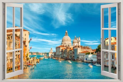 HUBDECO - Wandtattoo - Wanddeko - Selbstklebende Folie - Fototapete - Wandsticker - Fototapete 3d Effekt - Selbstklebende Tapete - Fenster & Stadt Motiv - Venedig Italien Kanal - 120x80cm