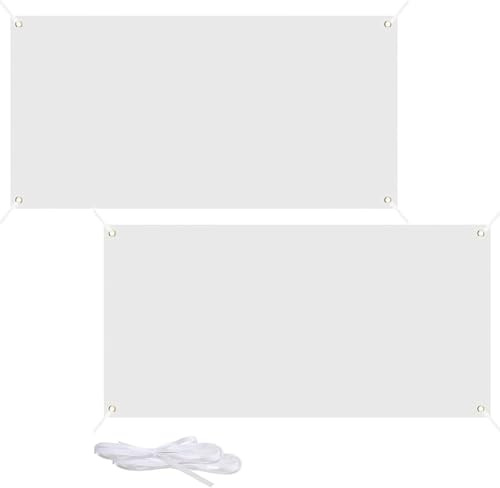2 Stück Blanko-Flagge Einfarbig Rein Weiße Banner 0.6 * 1.8 m Personalisierte Banner mit 12 m Hängendem Seil 4 Messing Augen Graffiti Weißes Banner Geeignet für DIY Outdoor Party Feier Dekoration