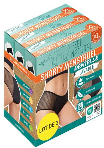 Pack Culottes Shorty Menstruelles Dentelle Taille XL - Sous Vêtement Femmes Noir, Culotte Regle Lavable Anti Fuite - Confort Hygiénique, Protection Absorbante Sans Couture - Flux Moyens Feel Natural
