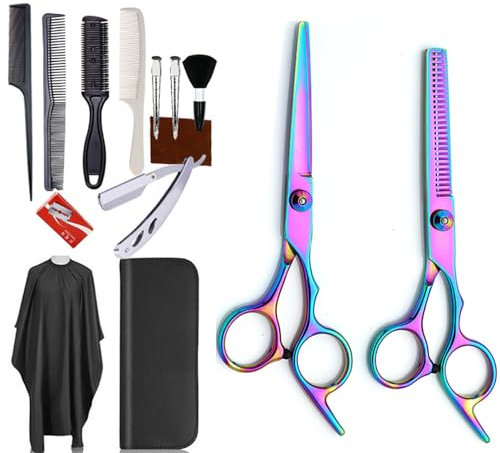 Friseurschere,Haarschneideschere,Effilierschere,14 Pcs Sechs Zoll Professionelle Haarschere Set,2Extra Scharfe Haarschneideschere,mit Kamm und Clips,Friseurumhang für Männer,Frauen (farbig, 14PCS)