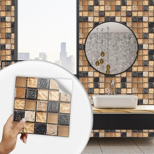 Pavimento pvc Adesivo 20x20cm Mosaico Nero Marrone Piastrelle Adesive Cucina Decorazione da Parete Piastrelle Adesive Bagno Impermeabile Paraschizzi Cucina Adesivo Mattonelle Adesive (10 Pezzi)