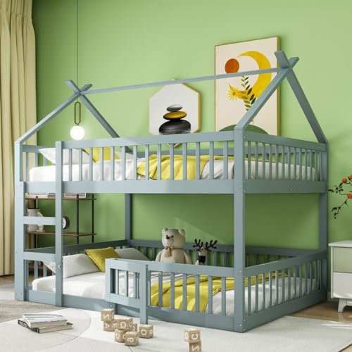 KOMHTOM Hochbett, Grau, Etagenbett mit Lattenrost, Hüttenbett, 140 x 200 cm, mit Lautsprecher, Hochbett, minimalistisch, modern, Einzelbett (Matratze nicht im Lieferumfang enthalten)