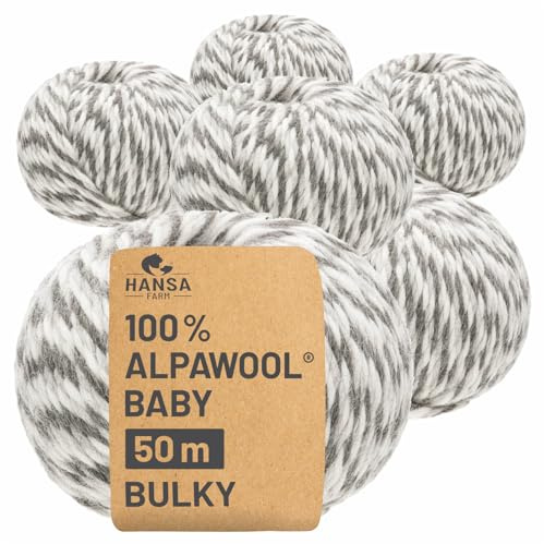 HANSA-FARM | 100% Baby Alpakawolle in 50+ Farben (kratzfrei) - 300g Set (6 x 50g) - weiche Alpaka Wolle zum Stricken & Häkeln in 6 Garnstärken by Hansa-Farm - Schneeleopard (Schwarz-Weiß)