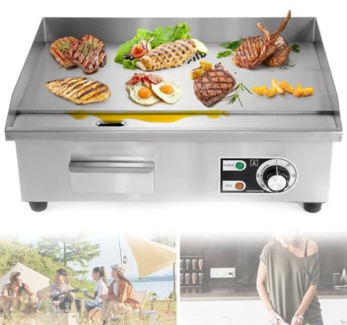 Plancha eléctrica Comercial, Plancha Superior Plana para encimera, Parrilla de Acero Inoxidable con Control termostático, Superficie de cocción de 8 mm de Espesor, 3000 W
