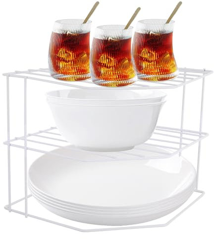 ASelected Corner Plate Rack, 3 Tier Plate Stacker for Cupboards, 23x23x20cm Metal Corner Plates Stand White Plates Racks for Cupboard, Kitchen