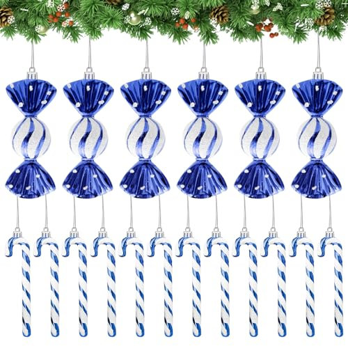 18 Stück Zuckerstangen Weihnachten Deko, Zuckerstangen Anhänger, Glitzer Weihnachtskugeln Zuckerstangen Deko, Weihnachtsbaumschmuck Zuckerstange Weihnachten Christbaumschmuck Baumschmuck (Blau)