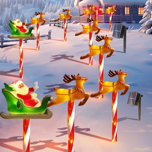 10pcs Christmas Pathway Lights Outdoor Stake Lights Solar Powered,Santa Claus on Reindeer Sleigh Xmas Garden Stake Lights Walkway Landscape Lights with 8 Modes, for Yard Xmas