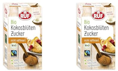 RUF Bio Kokosblüten Zucker, natürlicher Süßstoff, nicht raffiniert, vegan & FAIRTRADE, perfekter Zuckerersatz zum Backen mit Karamellnote, 1 x 250g (Packung mit 2)