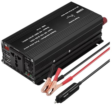 Convertisseur Tension Pur Sinus 1500W 2200W DC 12V À 220V Taux Puissance Pointe Prise Onduleur Adaptateur Convertisseur Puissance avec 3.1A Double USB Charge Onde Sinusoïdale(2200W 50Hz)