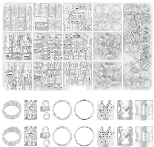 Etercycle 262 Stück Gold-Haarschmuck für Zöpfe, Loc Schmuck für Haar Dreadlock Zubehör, Manschetten-Clips Haarspiralen Clips Metall Zöpfe für Männer Frauen (Silber)