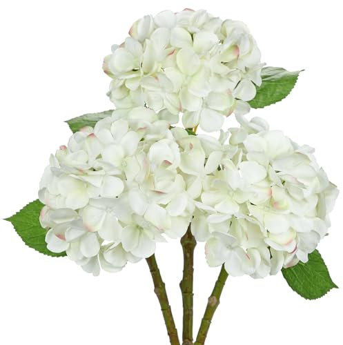 Hollyone Hydrangea Artificial Flowers, 3PCS | 18.8 Fake Flowers Silk Hydrangeas with 6 Large Blooms, Realistic Cream White Faux Flowers for Floral Arrangements, Centerpieces, Wedding, Home Decor